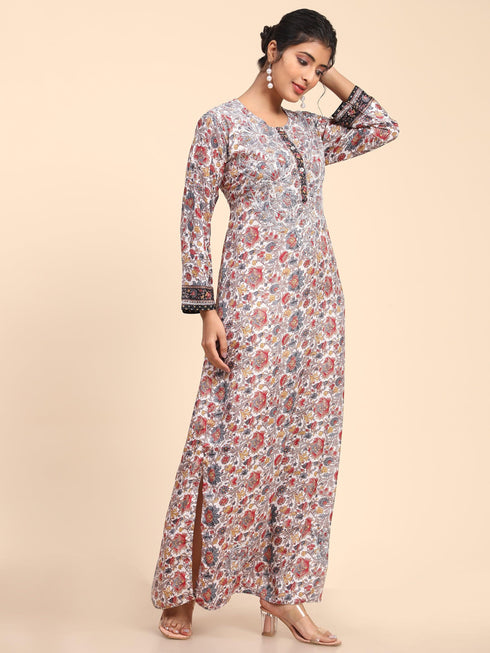 Noor Premium Printed PolySilk Chikankari Long gown for Women -Silver Floral Print